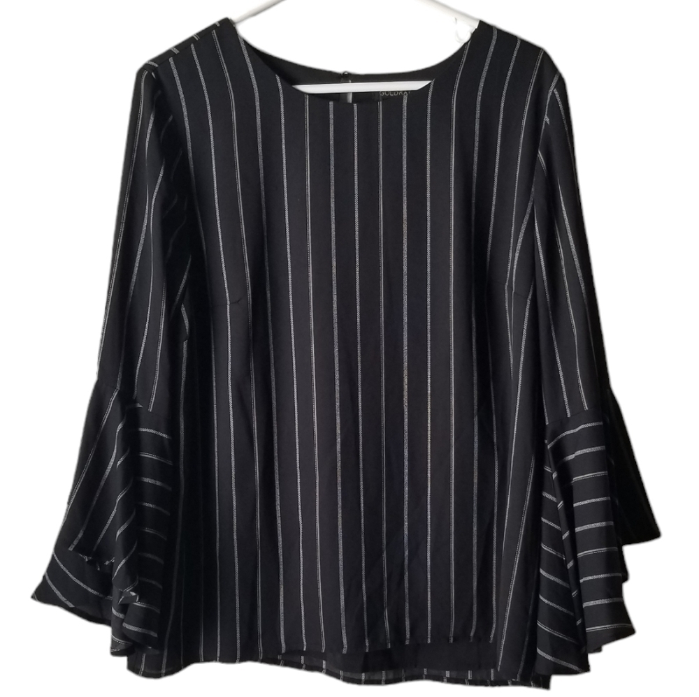 NWT Goldray Striped Nellin Flounce Bell Sleeve Blouse Size L Black/Gold/Silver L